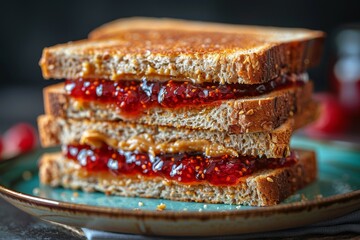 An intricately detailed image showing the layers of a peanut butter and jelly sandwich with visible textures - Powered by Adobe