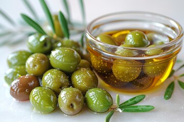 Fresh green olives immersed in olive oil within a clear glass jar, accompanied by olive leaves - Powered by Adobe