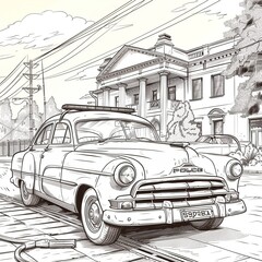 Engaging outline drawing of a cartoon police car with bold, friendly features, parked outside a police station, ideal for coloring by young kids.
