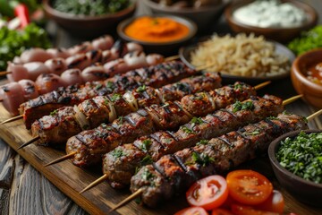 Sizzling grilled kebabs served with a variety of fresh sides present a feast for the senses on a...