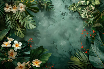 A beautiful painting featuring tropical leaves and flowers set against a dark background, showcasing the lush vegetation of a tropical biome