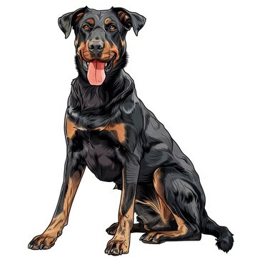 happy Beauceron Dog sits on a white, cartoon full-length portrait in sketch style