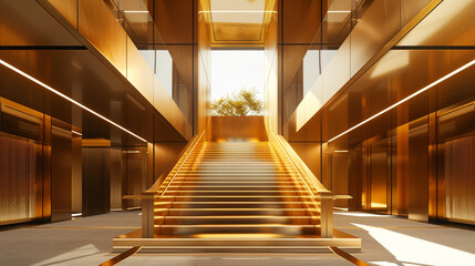 Vertical rise perspective within a modern home starting at the base of a golden staircase and moving upwards to emphasize the height and grandeur of the ceiling above the entrance Vertical rise