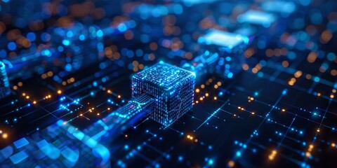 Fototapeta premium An expansive network of interconnected nodes and lines representing cryptographic blockchain technology, illuminated with vibrant points of light.