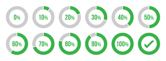 Circle loading or circle progress collection set of circle percentage diagrams for infographics in green. Set of circle percentage diagrams for infographics 0 10 20 30 40 50 60 70 80 90 100 percent.