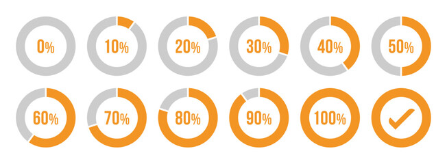 Circle loading or circle progress collection set of circle percentage diagrams for infographics in orange. Set of circle percentage diagrams for infographics 0 10 20 30 40 50 60 70 80 90 100 percent.