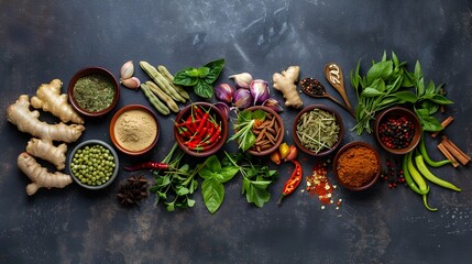 Artful Arrangement of Thai Herbs and Spices for Flavorful Culinary Creations