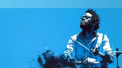 A man with focus and rhythm plays the drums, captured with a splash of blue tones giving a dynamic and artistic vibe.