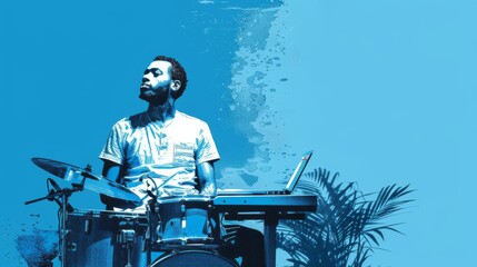 A man with focus and rhythm plays the drums, captured with a splash of blue tones giving a dynamic and artistic vibe.