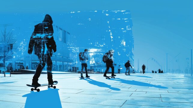 A group of skaters traverses an urban setting, their motion captured in a serene blue tone that gives a unique, cold yet energetic ambience.