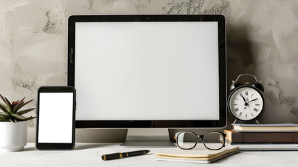 Fototapeta premium Laptop with blank screen on table. Workspace background new project on laptop computer with blank copy space screen, Laptop on wood table with glass phone smartphone