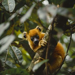 Naklejka premium Rare Lemur Perched on Lush Jungle Foliage During Biodiversity Expedition