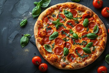 Top-down image of a perfectly cooked pepperoni and cheese pizza garnished with fresh green basil, showcasing a fusion of colors and flavors