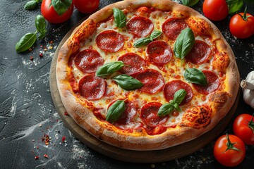 This mouthwatering pepperoni pizza is topped with vibrant green basil leaves, nestled among melted cheese and savory pepperoni slices