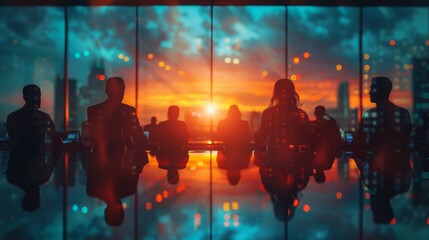 Silhouettes of coworkers against the backdrop of a warm, glowing sunset viewed through the glass walls of a contemporary office space.