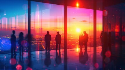 Obraz premium Silhouettes of coworkers against the backdrop of a warm, glowing sunset viewed through the glass walls of a contemporary office space.