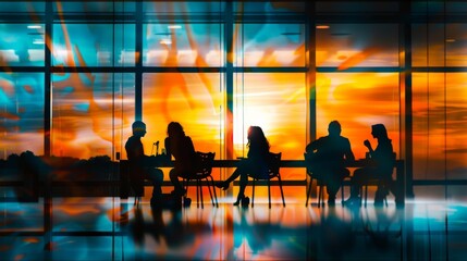 Silhouetted people in a modern office at sunset