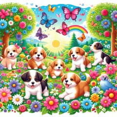 Many puppies in a garden with butterflies and trees art attractive card design illustrator