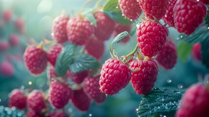 Raspberries on a branch with water droplets.