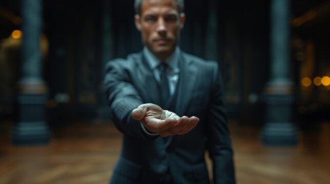 A sharply dressed young man extends his open right hand as if showcasing or offering something, set against a softly blurred background.