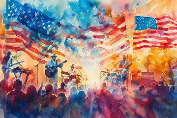 Dynamic watercolor illustration of a patriotic concert on Independence Day, with a lively band, enthusiastic crowd, and fluttering American flags. Patriotic concert scene with American flags and music