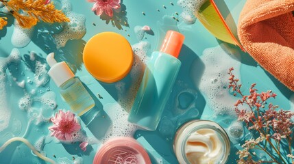 Beauty products on a bright and glossy background with brranches of flowers and dried leaves