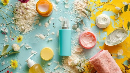 Beauty products on a light blue background with brranches of flowers and dried leaves