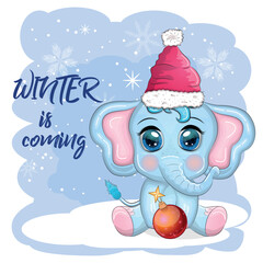 Cute cartoon elephant, childish character with beautiful eyes wearing santa hat, scarf, holding gift, christmas ball or candy cane. The concept of the holiday of Christmas and New Year
