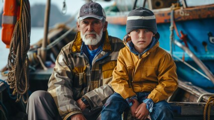 Grandfather and grandson sitting side by side on a fishing boat