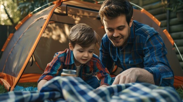 Father and son on a backyard camping adventure