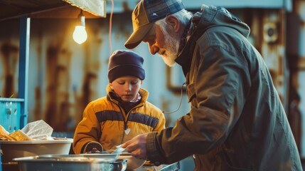 Grandfather and grandson volunteering at a shelter for the homeless