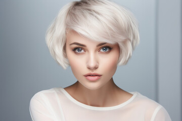 blonde girl with bob hairstyle, straight hair, fashion background, copy space, design layout blank, wallpaper
