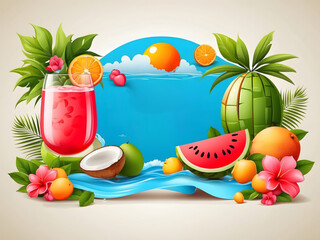Summer greeting vector banner design. Summer welcome text with tropical fruits like watermelon, coconut juice, and beach elements on a white background. Vector illustration