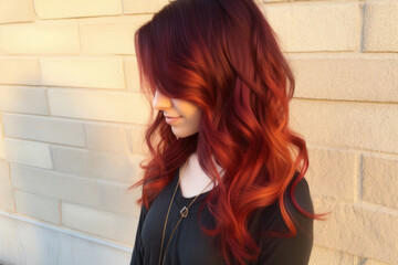 red hair color, fashionable trendy hairstyle orange with burgundy color, portrait, close-up