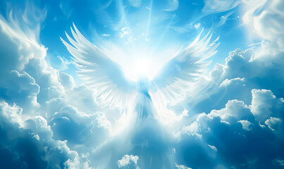 Fototapeta premium Spiritual Angel Wings in Vibrant Blue Sky with Clouds - Heavenly Radiance, Divine Light, Religious Faith, Hope, Inspiration
