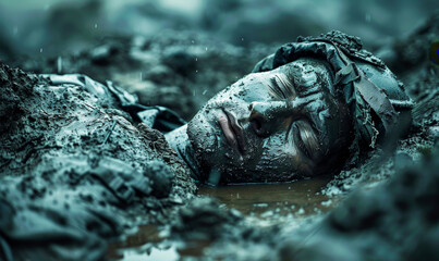 Grim Reality of Conflict: Fallen Soldier Covered in Mud in a Trench, Poignant War Scene Capturing Loss and Desolation
