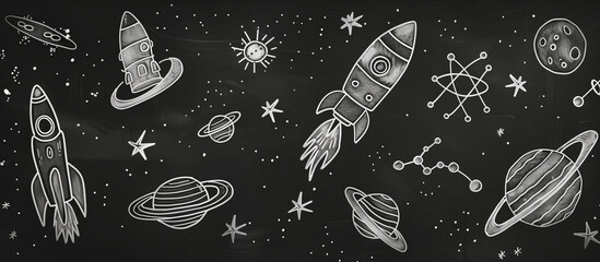 science doodle with cosmic objects rocket planet  stars on black background 