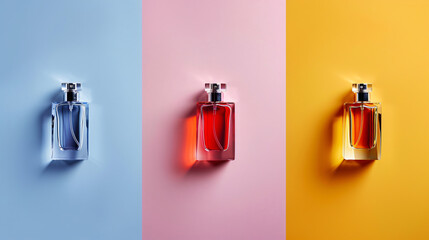 Bottles of perfume on color background