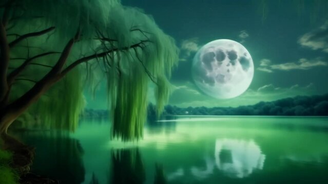 A serene lakeside scene at night, bathed in the ethereal glow of a full moon. A willow tree drapes its branches towards the water, its reflection mirroring the tranquility of the moonlit night. 