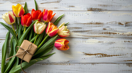 Bouquet of beautiful tulips and gift box on light wood