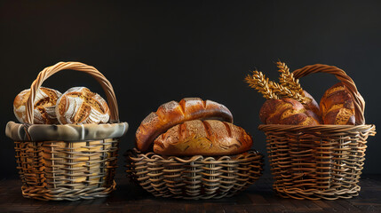 Bread in baskets on wooden table.