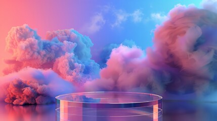 Vibrant Glass Podium with Colorful Cloud Backdrop for Dynamic Product Display