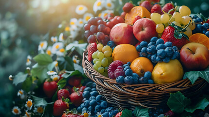 fresh fruit basket with red apples, blueberries, and oranges arranged in a brown basket with green leaves