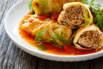 Wrapped minced meat in cabbage leaves - polish dish gołąbki
