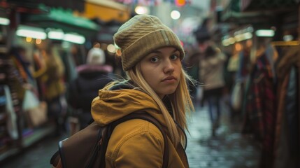 A young woman navigating through a crowded street market in a foreign city, looking at the camera