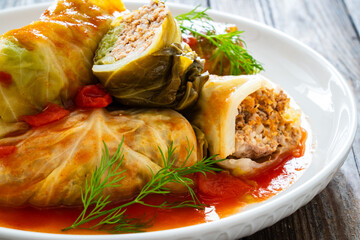 Wrapped minced meat in cabbage leaves - polish dish gołąbki
