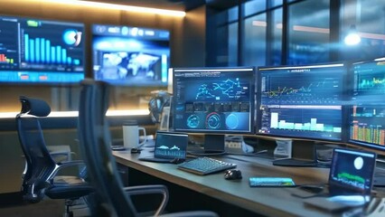 Control room bustling activity, multiple high-resolution screens displaying real-time data , analytics. Security operations, financial market analysis, emphasizing efficiency, advanced technology. - Powered by Adobe