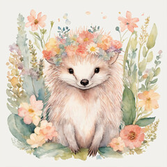 Cute echidna character with flowers