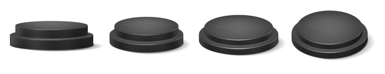 Set of empty black podiums, modern pedestals and platforms, stand stages, cylinders, round empty stages, and podium stairs, 3D template for product presentations, Modern Collection of Black 3D Podium 