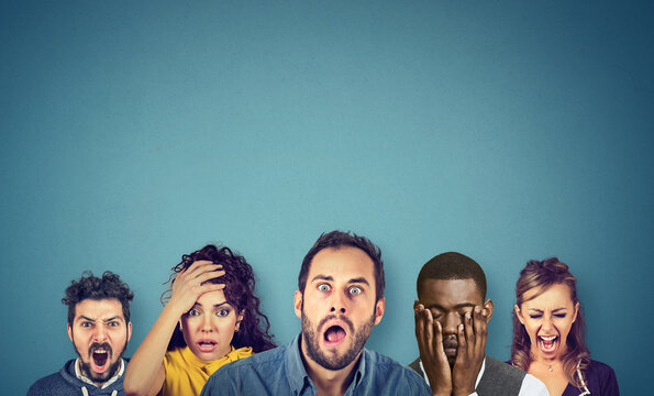 Group of multicultural people being emotional with different feelings. Women and men expressing anger, desperation, shock